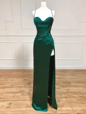 Green Sweetheart Neck Satin Long Prom Dress Green Evening Dresses