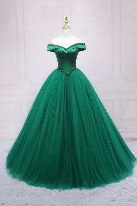 Green Tulle Long A-Line Ball Gown Off the Shoulder Evening Dress