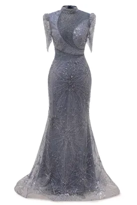 Lace Sequin Long Grey Prom Dresses High Neck Beaded Mermaid Long Evening Dresses