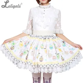 Lovely Mori Girl Skirt Cute Easter Eggs and Rabbits Printed Lolita Pleated Skirt with Lace Trimming