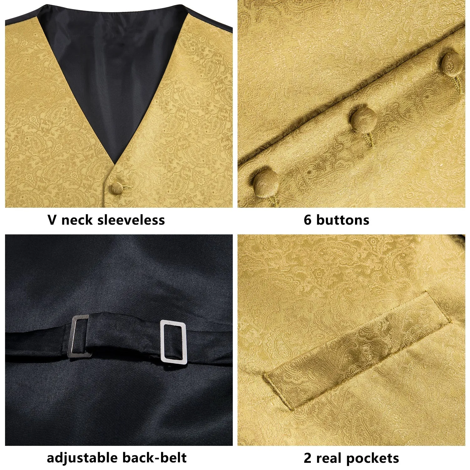 Luxury Pure Golden Paisley Jacquard Silk Men's Vest Hanky Cufflinks Tie Set Waistcoat Suit Set