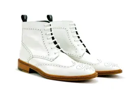 Men White Brogue Wing Tip Ankle Boots , White Lace Up Boots