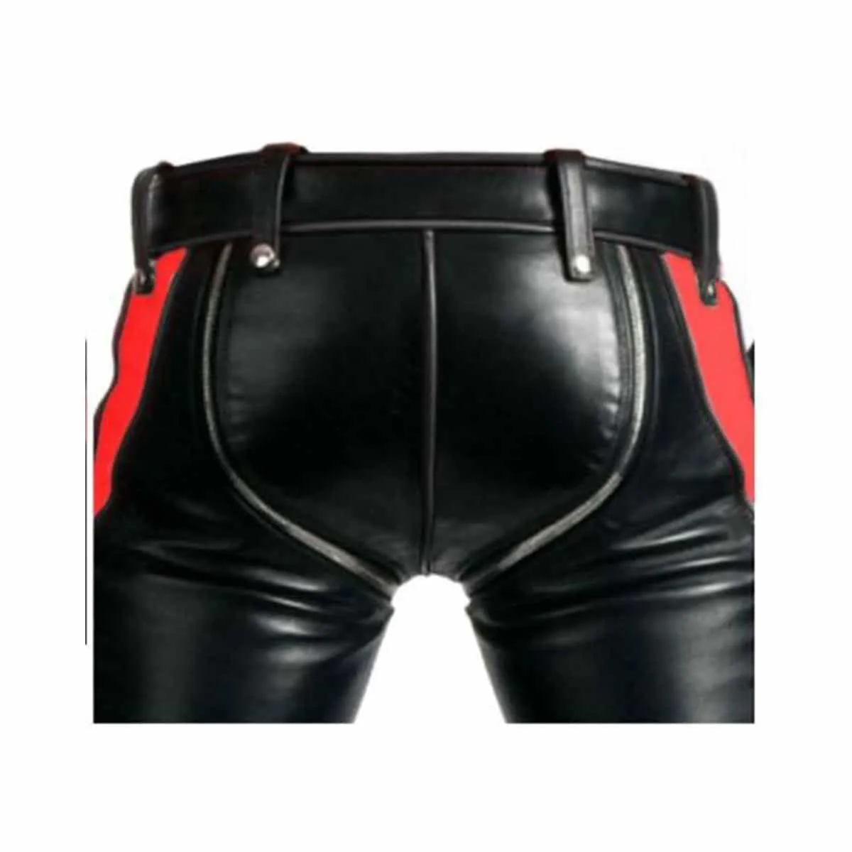 Mens Bondage Pants Black & Red Leather Heavy Duty Jeans Bluf (R2-Blk-Red)