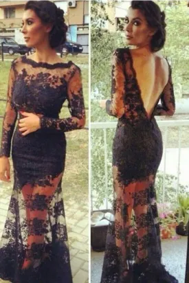 Mermaid Lace Long Sleeves Open Back Prom Dresses Evening Gowns PG331