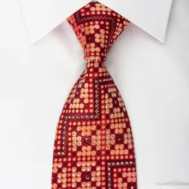 Nicole St Giles Rhinestone Silk Necktie Golden Dots & Chevron On Burgundy Red With Sparkles