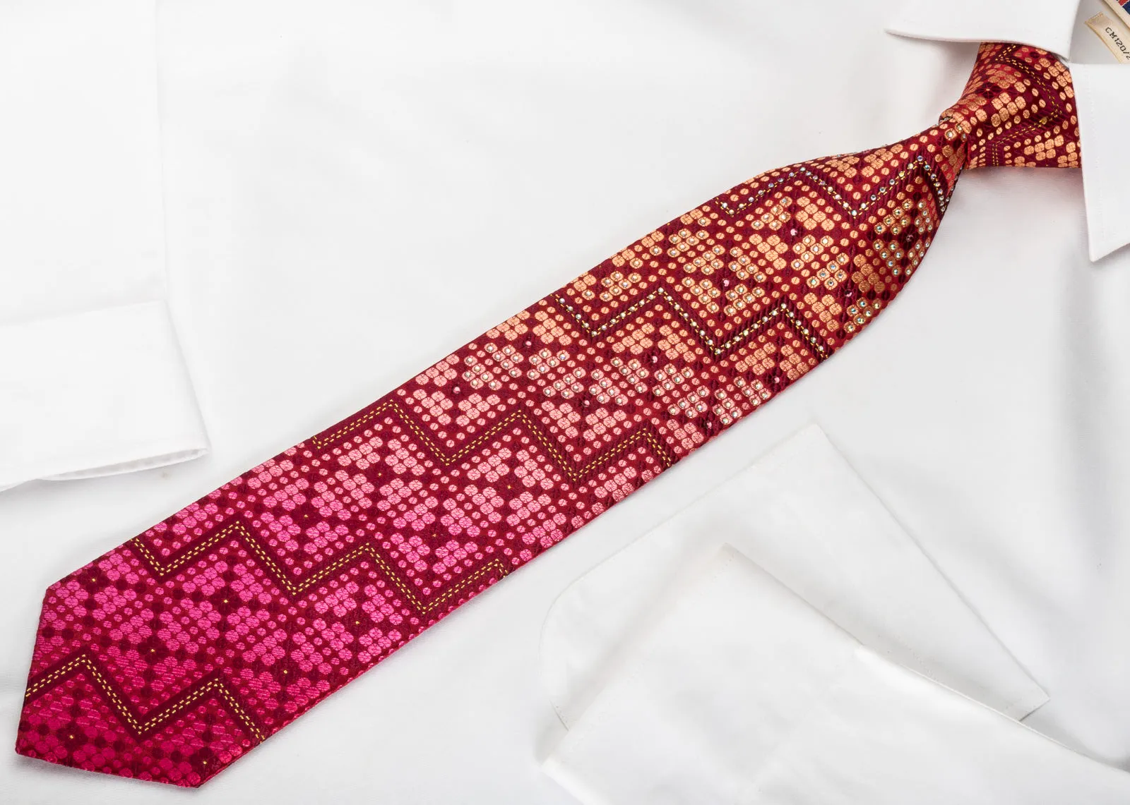 Nicole St Giles Rhinestone Silk Necktie Golden Dots & Chevron On Burgundy Red With Sparkles