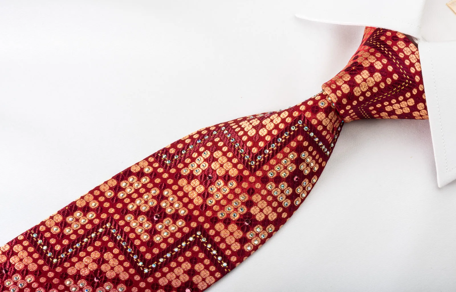 Nicole St Giles Rhinestone Silk Necktie Golden Dots & Chevron On Burgundy Red With Sparkles