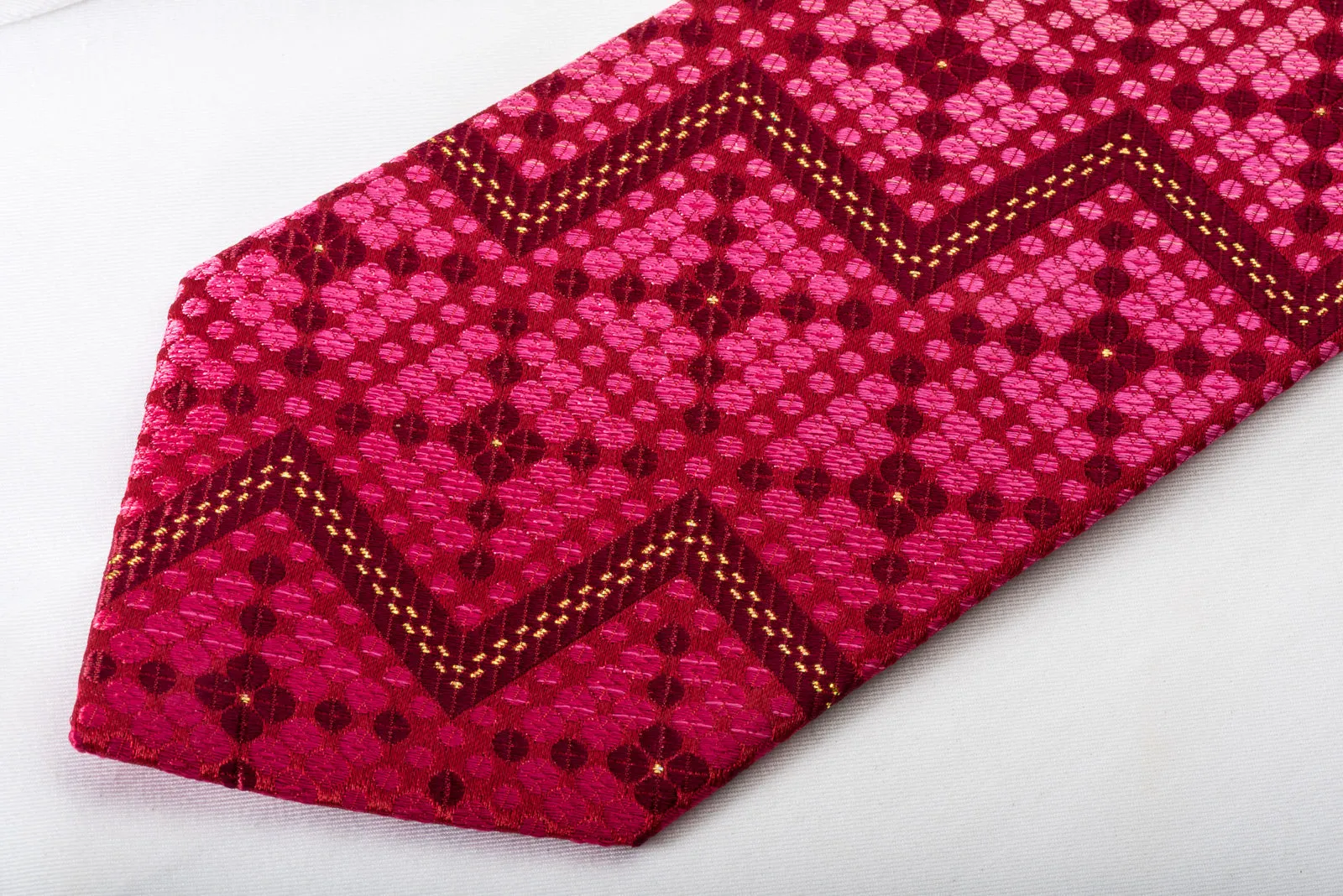 Nicole St Giles Rhinestone Silk Necktie Golden Dots & Chevron On Burgundy Red With Sparkles