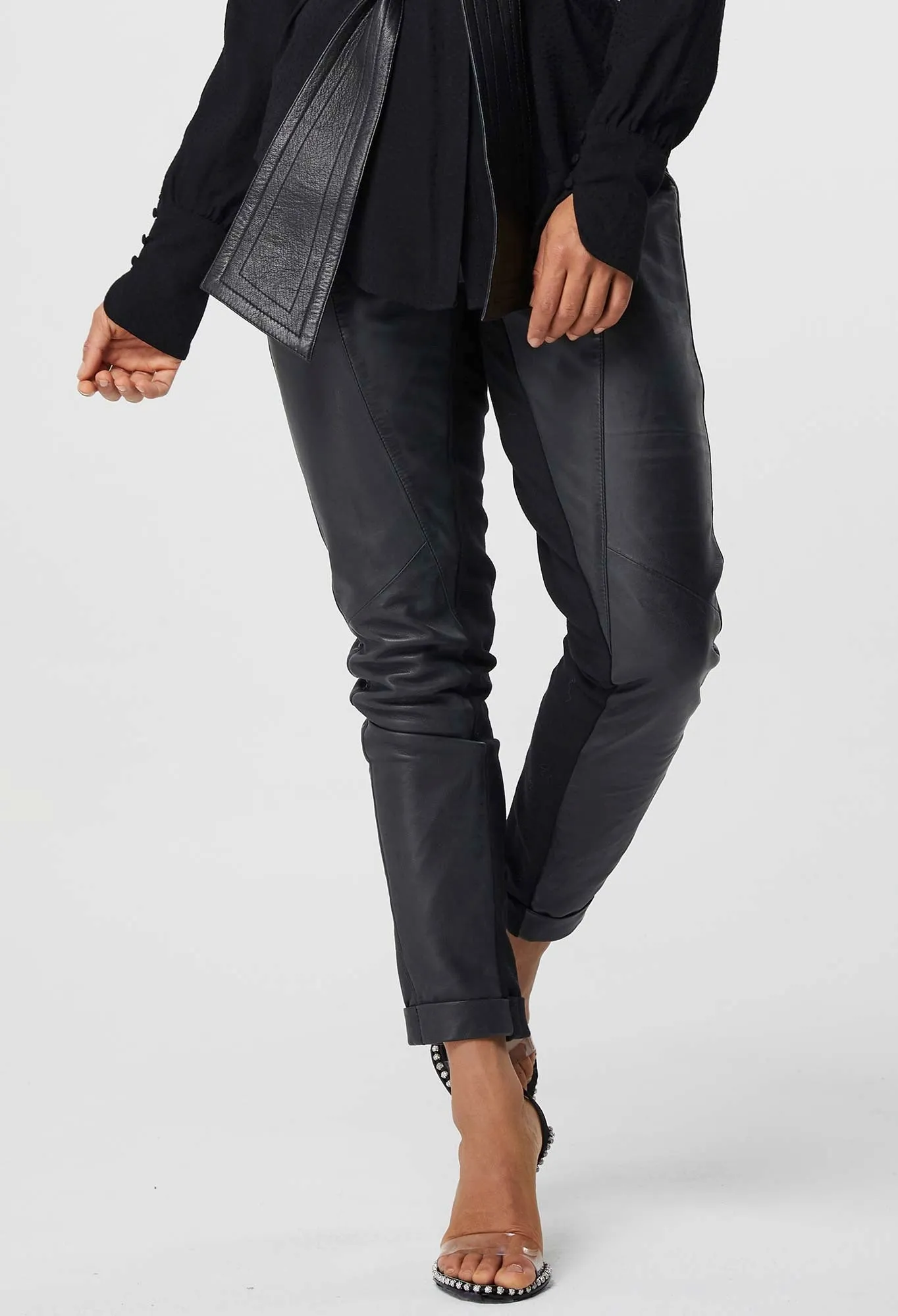 ONCE WAS LIBRERIA RELAXED LEATHER ELASTIC WAIST PANT IN BLACK