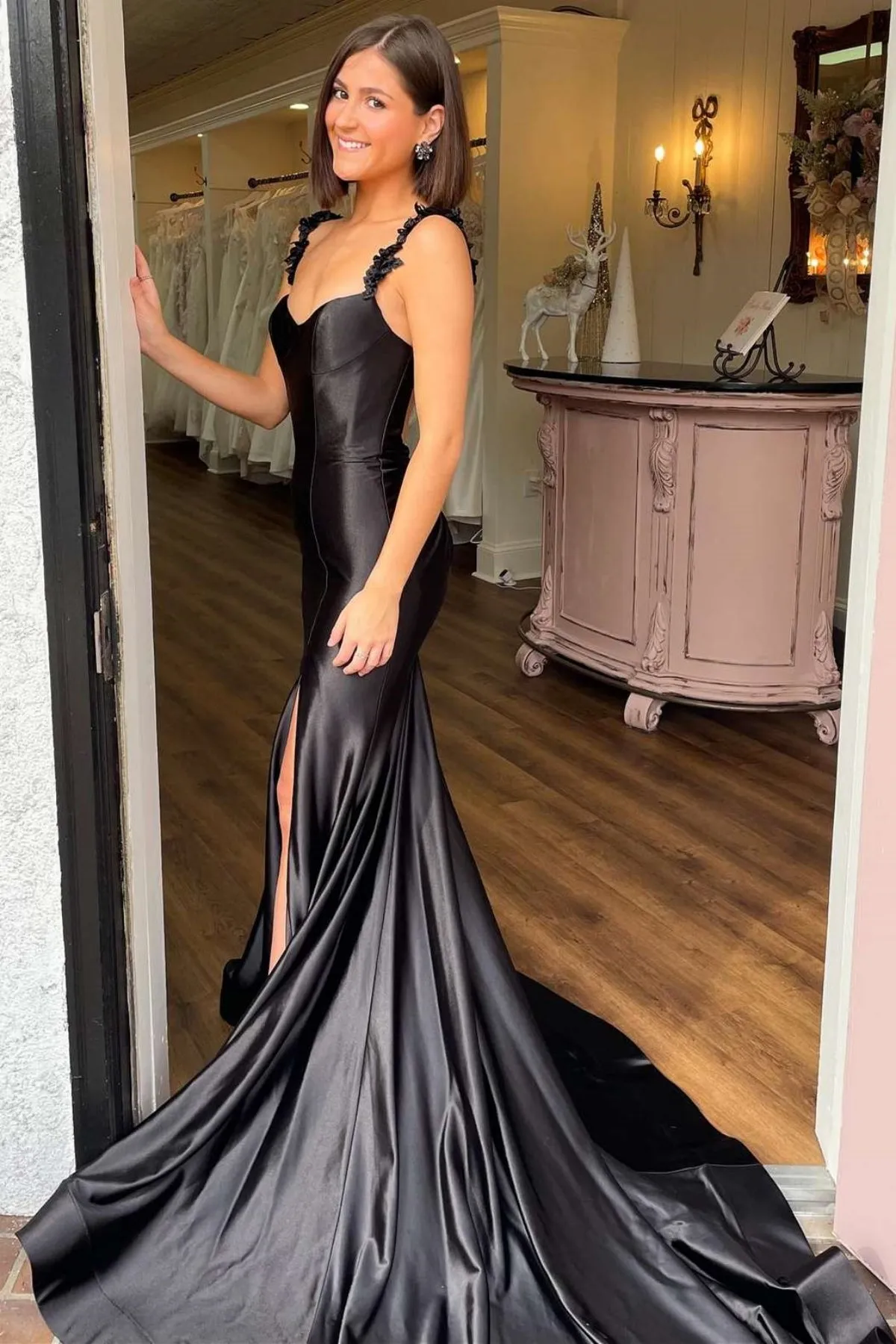 Open Back Floral Straps Mermaid Black Long Prom Dress with Slit, Mermaid Black Formal Dress, Black Evening Dress A2022