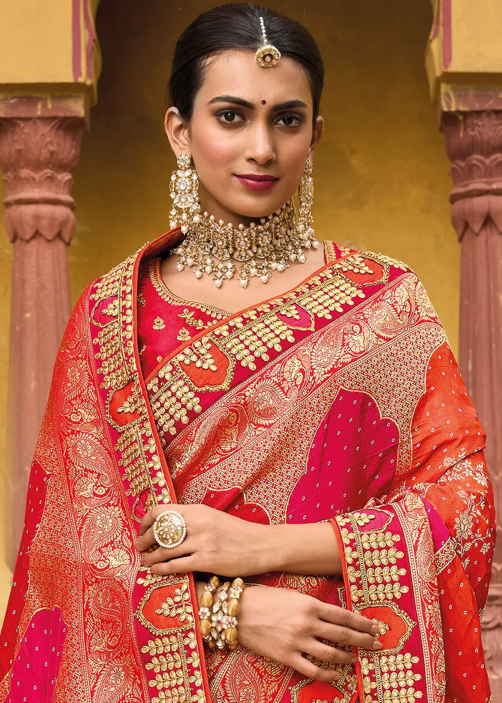 Pink & Red Dola Silk Saree with Beautiful Embroidery work: Wedding Edition