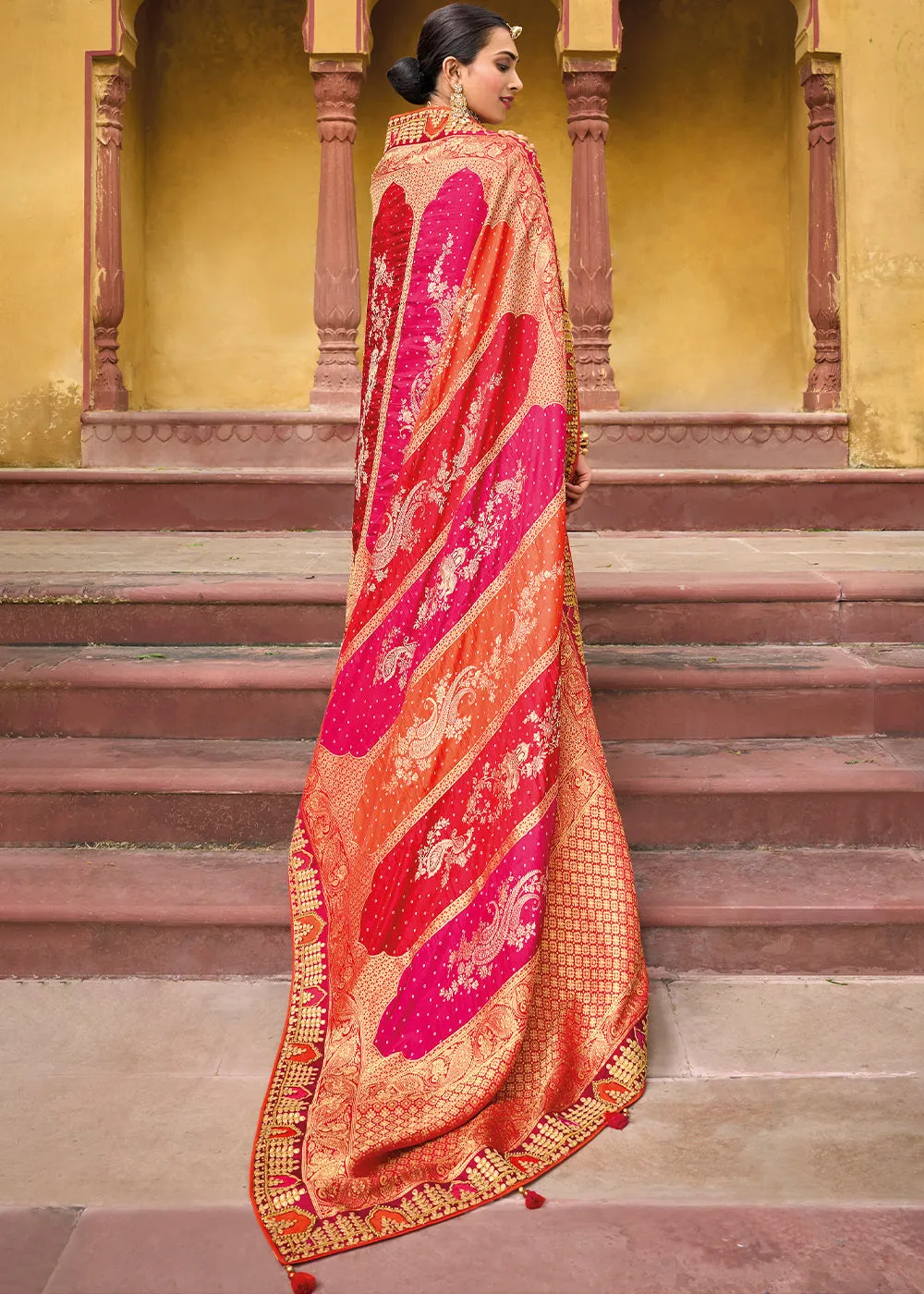 Pink & Red Dola Silk Saree with Beautiful Embroidery work: Wedding Edition