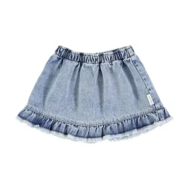 PIUPIUCHICK WASHED LIGHT BUE DENIM RUFFLE SHORT SKIRT