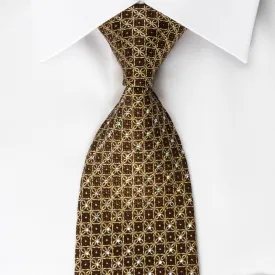 Roberta di Camerino Silk Rhinestone Tie Golden Trellis On Brown With Golden Sparkles