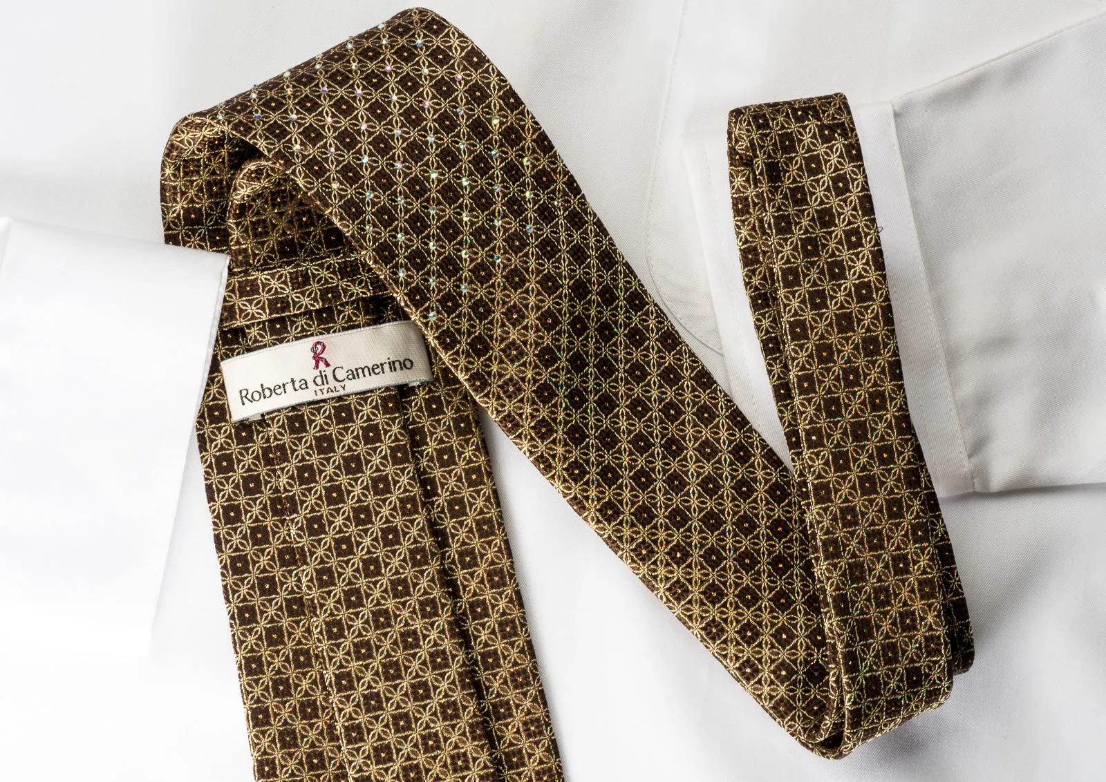 Roberta di Camerino Silk Rhinestone Tie Golden Trellis On Brown With Golden Sparkles