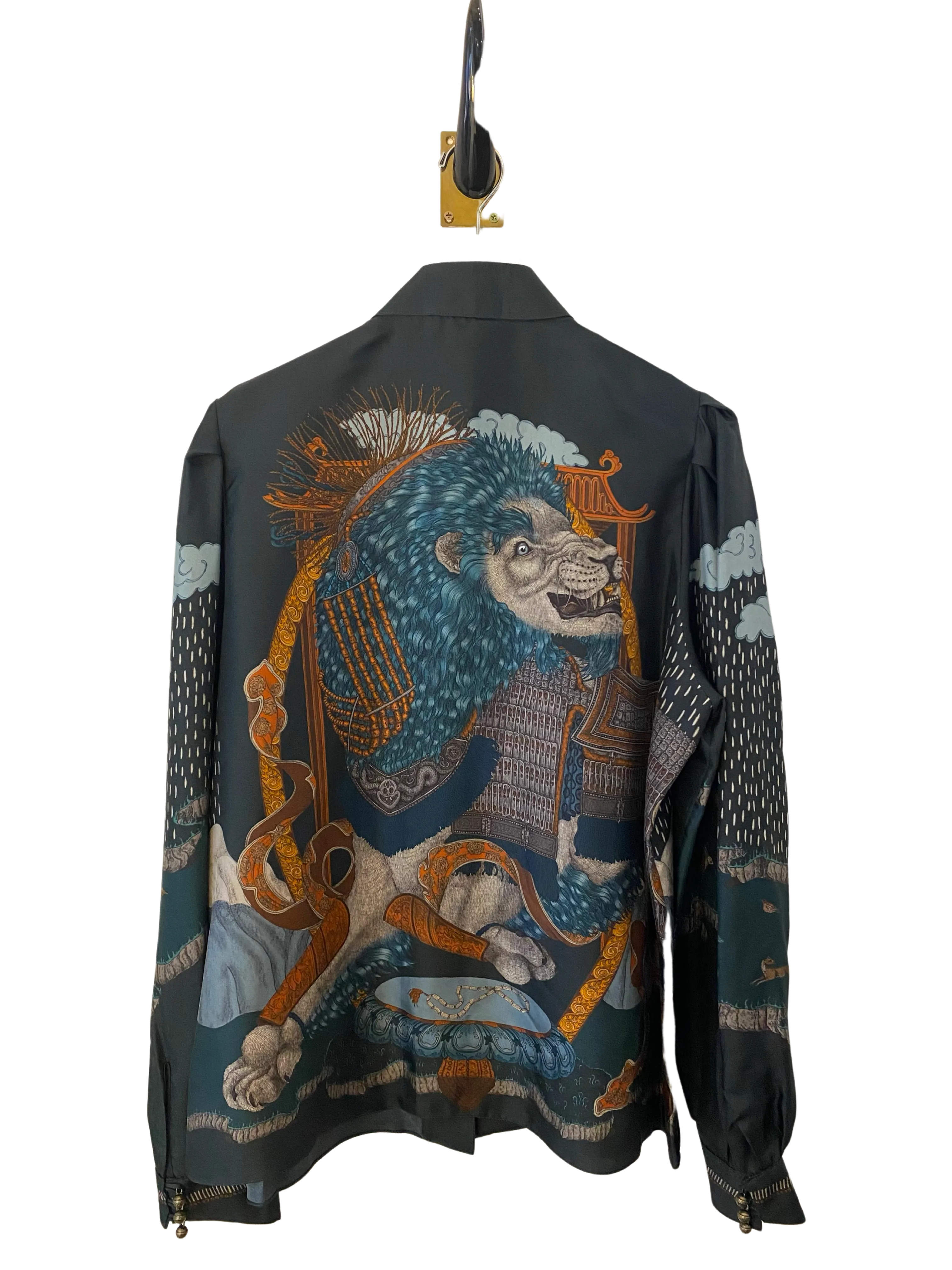 Sabina Savage "The Snow Lion" Silk Stand Collar Blouse Turquoise/Saffron