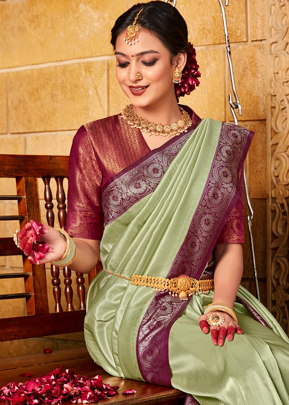 Sage Green Zari Woven Kanjivaram Silk Saree with Contrast Border & Pallu