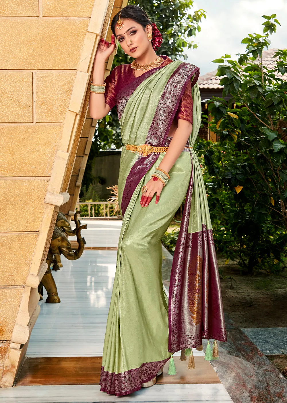 Sage Green Zari Woven Kanjivaram Silk Saree with Contrast Border & Pallu