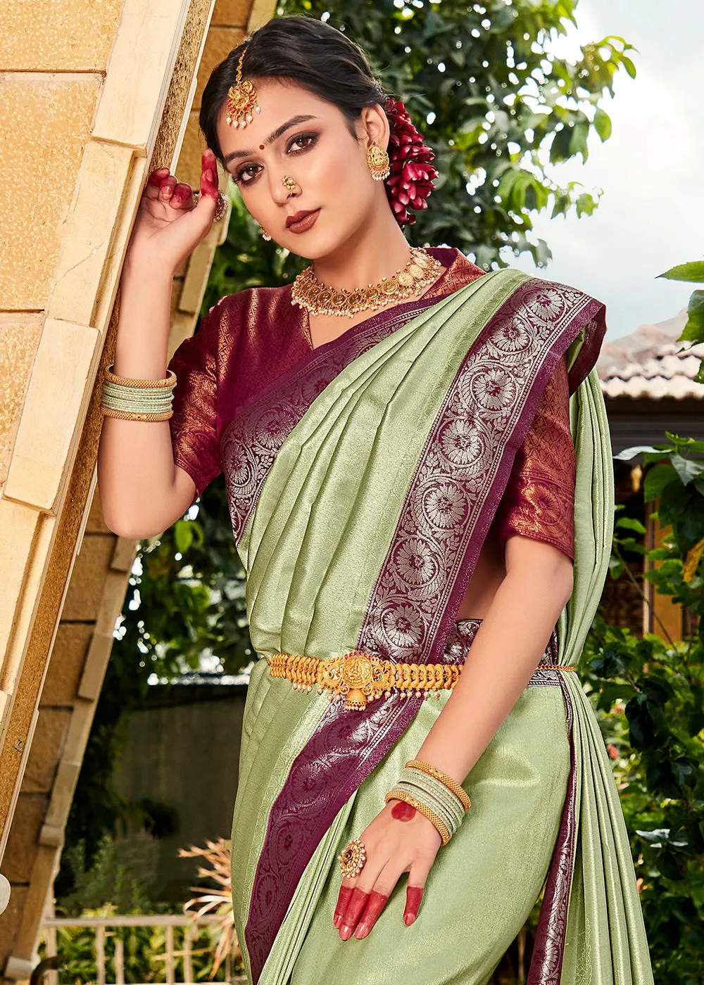 Sage Green Zari Woven Kanjivaram Silk Saree with Contrast Border & Pallu