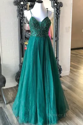 Shiny V Neck Backless Beaded Green Tulle Long Prom Dress Green Lace Formal Dress Beaded Evening Dress