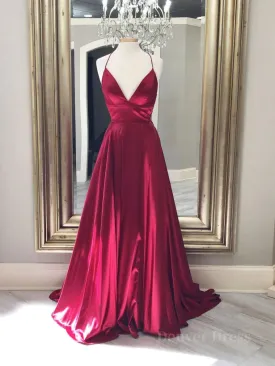 Simple red v neck satin long prom dress red evening dress