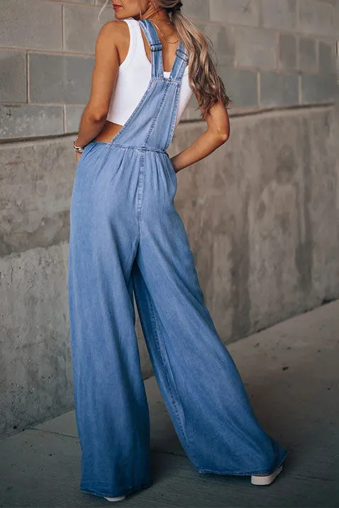 Sleeveless Denim Strappy Wide leg Pants