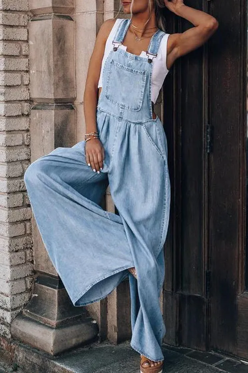 Sleeveless Denim Strappy Wide leg Pants