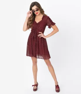 Smak Parlour Burgundy & Gold Flock Dot Media Darling Fit & Flare Dress