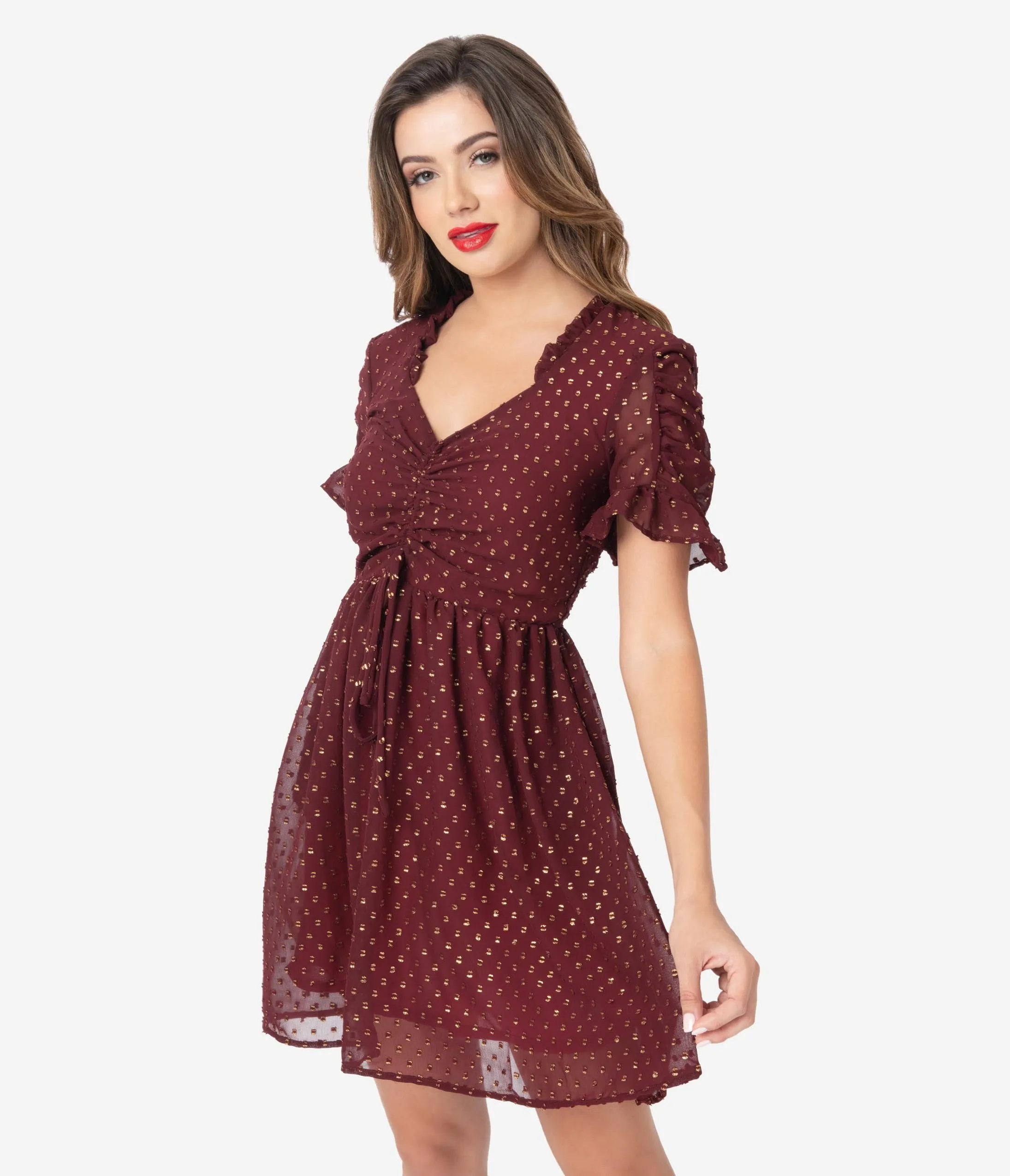 Smak Parlour Burgundy & Gold Flock Dot Media Darling Fit & Flare Dress