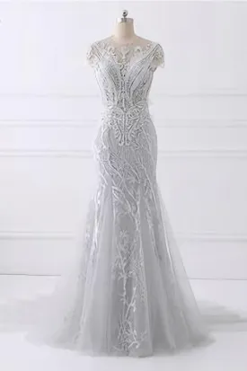 Spring Gray Tulle Long Mermaid Prom Dress Beaded Lace Evening Gown