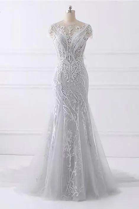 Spring Gray Tulle Long Mermaid Prom Dress Beaded Lace Evening Gown