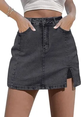 Stone Gray Women's Brief Denim High Waisted Skirt Split Hem Stretch