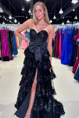 Strapless Layered Black Lace Long Prom Dress with High Slit, Black Lace Formal Dress, Long Black Evening Dress A2216