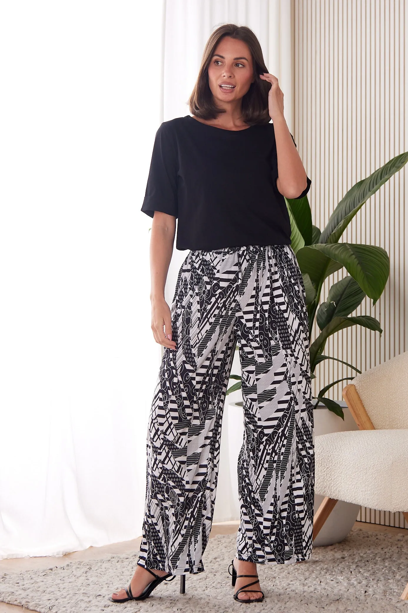 Tammy Wide Leg Jersey Pants - Black/White Collage