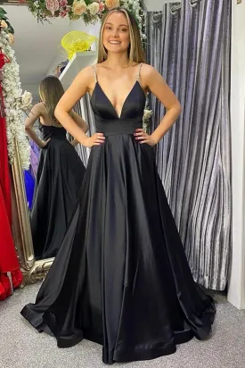 V Neck Backless Black Satin Long Prom Dress, Backless Black Formal Dress, Black Evening Dress A1380