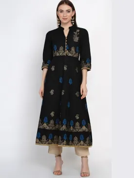 Women Minimal Black Cotton Anarkali With Ajrakh Hand Block Print - Inayat