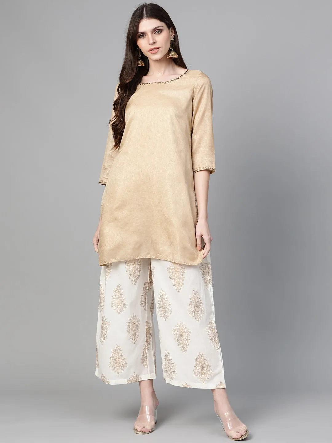 Women Off-White & Golden Printed Palazzos