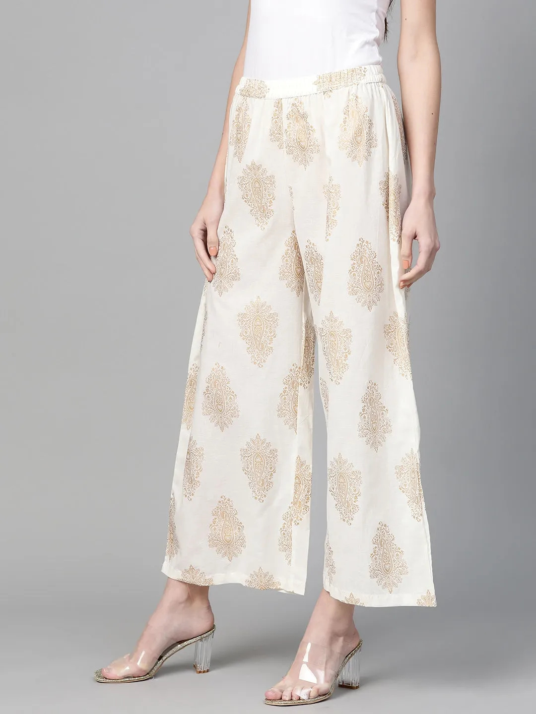 Women Off-White & Golden Printed Palazzos