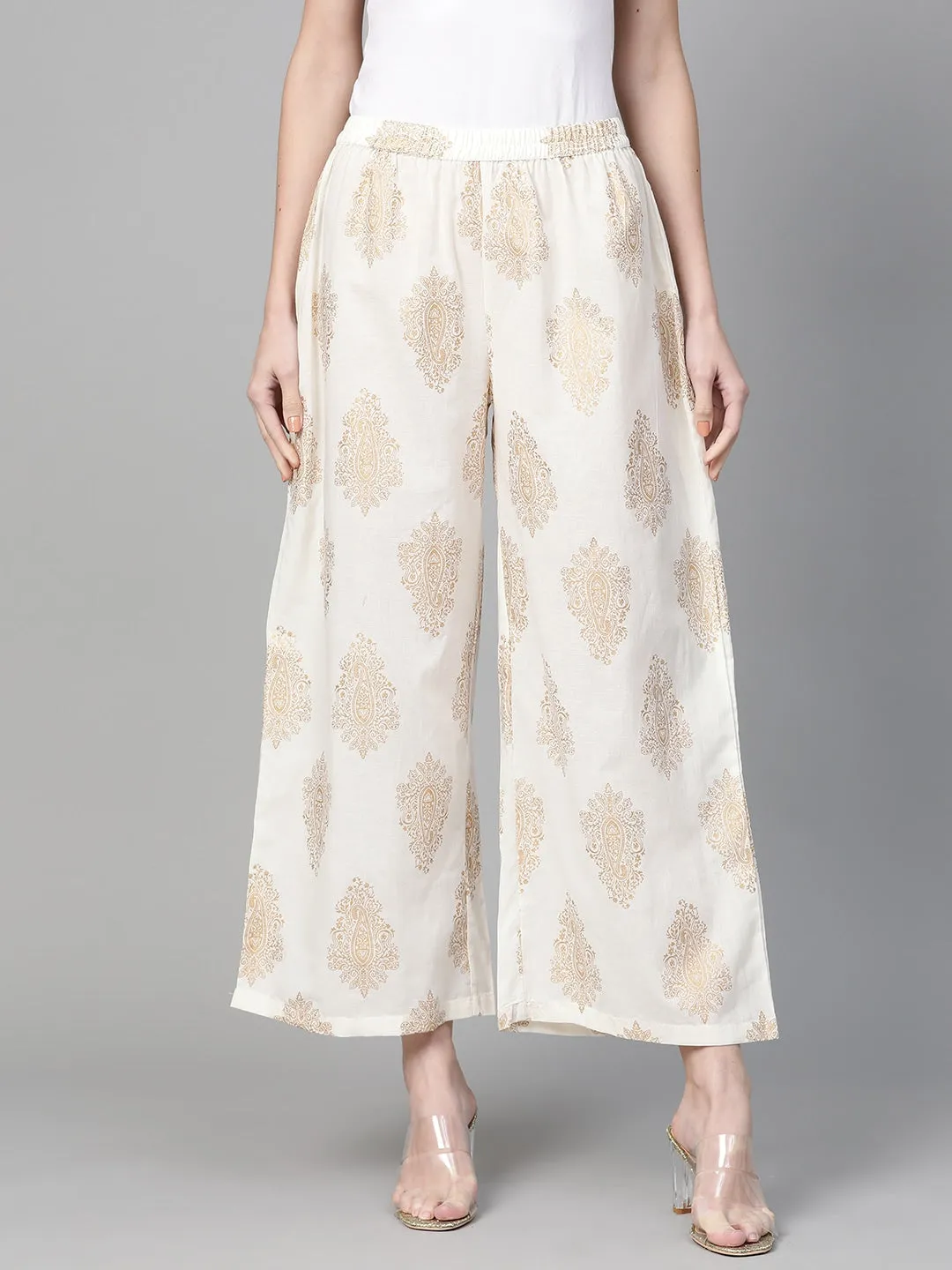 Women Off-White & Golden Printed Palazzos