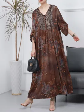 Women Retro Style Loose Printed Long Sleeves A-Line Dress