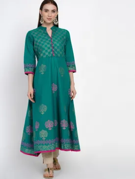 Women Sea Blue Festive Ajrakh Hand Block Cotton Printed Anarkali