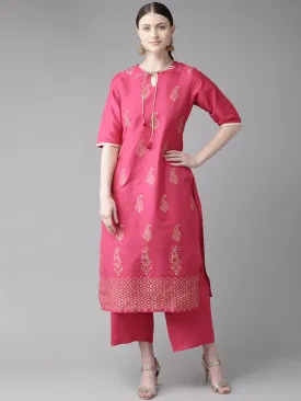 Women'S Pink & Golden Block Print Kurta With Palazzos