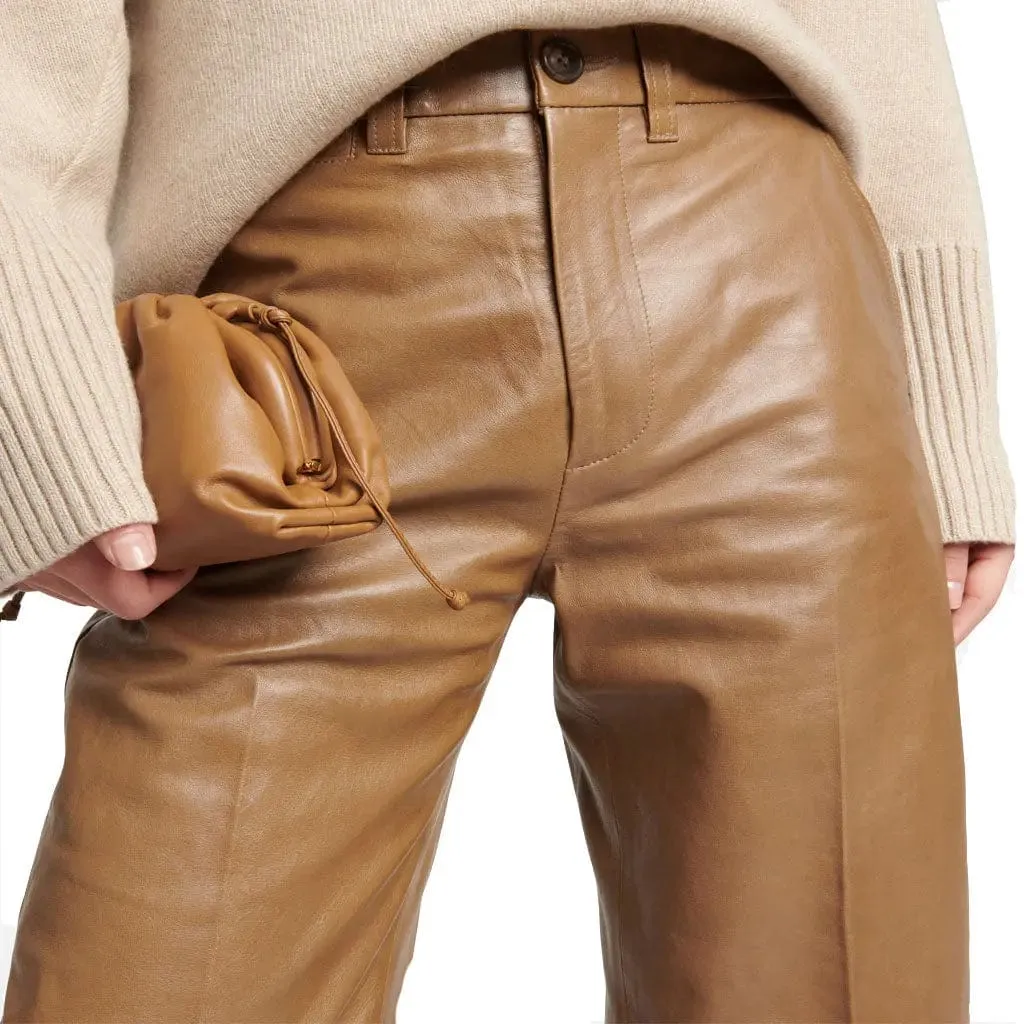 Women's Real Lambskin Leather Beige Pants Wide-Leg Trousers Pants