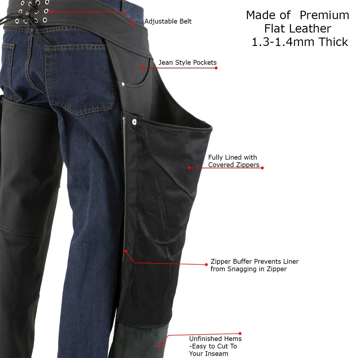 Xelement XS15000 Men's 'Tedious' Flat Black Leather Motorcycle Biker Chaps with Jean Pockets